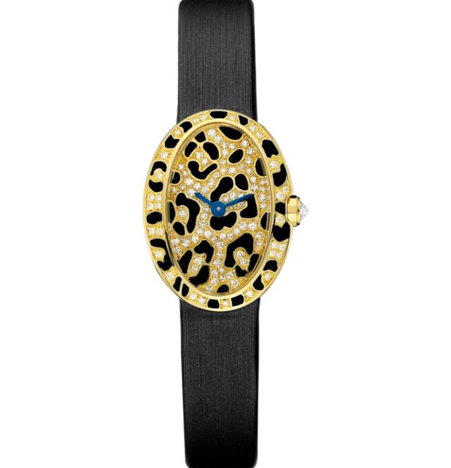 The 18k gold fake watches have black leather straps.