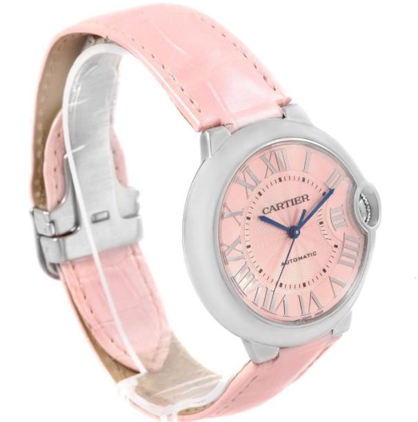 The stainless steel fake watches have pink straps.